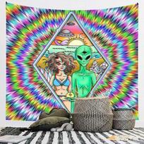 Trippy Alien Tie Dye Tapestry Psychedelic UFO Crystal Wall Hanging Polyester Hippie Rave Room Decor 100X70CM