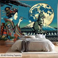 Japanese Ukiyo-e Geisha & Cat Tapestry, Mount Fuji Full Moon Wall Hanging for Bedroom Living Room Home Decor 100X70CM