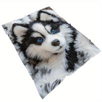 1pc Cute Husky Puppy Print Portable Blanket- Lightweight Flannel Throw for Sofa Bed Travel Camping Livingroom Office Size: 75*100cm, Weight: 230 GSM