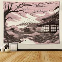 Japanese Cherry Blossom Mount Fuji Tapestry and Wind Zen Garden Background Cloth New Chinese Decoration Room Decoration 100X70CM