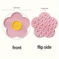 Flower-shaped pet lick mat with non-slip suction cups. Slow feeder relieves anxiety and improves dental health, great for grooming and bathing.