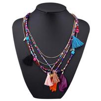 Women's Boho Ethnic Style Feathers Tassels Beads Multi-layer Chain Necklace įvairiaspalvis