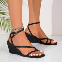 fashion Fashion Ladies Shoes New Thong Women's Sandals Summer Dress Sandals Women Narrow Band Buckle Strap High Wedges Shoes Women 34 juoda