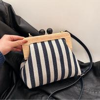 Canvas Bag Stripe Crossbody Kiss Lock Top-Handle Handbag Strap Vintage Purse Shell Evening Women Shoulder Bags ARI 23x10x19cm mėlyna