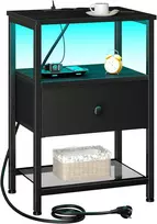 AMHANCIBLE naktinis staliukas su LED, USB ir elektros lizdais, tekstilinė stalčius, juodas, EHETS01BK-1