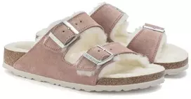 Birkenstock Arizona zomšas ādas kažokādas ar polsterējumu, rozā māla LAF šauras čības (1023258)