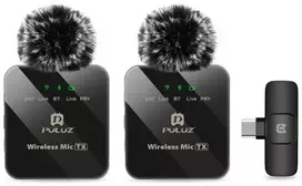 Puluz Mikrofonas - Belaidis Lavalier Dvigubas 2.4GHz Type-C Imtuvas 10m Diapazonas