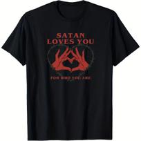 Mens Satan Loves You for Who You Are Graphic TShirt Cotton Casual Comfortable Black with Red Heart Design Christmas S