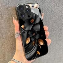 Juodo gėlių ir auksinio lapo rašto grūdinto stiklo telefono dėklas, skirtas iPhone 17 16 15 14 13 12 11 Pro Max 17Air 16E 7 8 Plus XS X Dangtelis iPhone 16