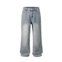GLYDE Full Rhinestone Print Washed Blue Baggy Jeans Mens and Women Ropa Hombre Streetwear Solid Casual Denim Trousers Loose Cargos Asian(36) XXL