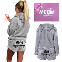 Piżama Pluszowa Ciepła Meow Komplet Bluza Shorty Kot S [Piz-Sz-S]