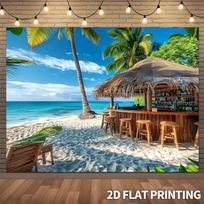 2D Tropical Tiki Bar Backdrop, Beach Hut & Palm Tree Party Decoration Background 47.2x31.5inch/120*80cm