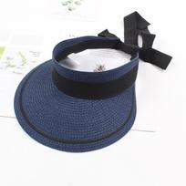 Summer Women Ribbon Bow Straw Visor Sun Hat Lady Empty Top Hats Wide Brim Beach Sun UV Protection Cap tamsiai mėlyna