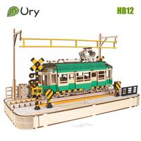 Ury 3D Wooden Puzzle City Series Vintage Retro Yellow Tram Sakura Tram Station Model Assembly Desk Decoration Gifts for Adults