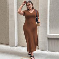Plus Size Women V Neck Waist Cinching Slit Short Sleeve Midi Dress 1XL ruda