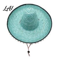 Casual Daily Hat Mexican Sombrero with Colorful Poms Hawaiian Style Woven Straw Sun Hat Wide Brim Lightweight Summer Beach Party Costume for Travel dangaus mėlyna spalva