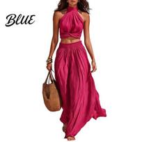 Wide-leg Flowy Pants Women's 2 Piece Outfits High Neck Halter Sleeveless Top And High-neck Halterneck Wide Leg Matching Set Summer Beach Vacation L rožinė raudona spalva