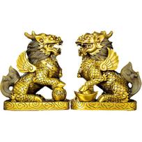Brass Kirin Pair Feng Shui Statues – Chinese Wealth and Good Luck Figurines for Entryway, Home Office Desk or Shelf Decor, Gift for Boss, Business Height: 7 CM