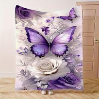 VIKAMA Purple Butterfly Rose Throw Blanket Ultra-Soft and Warm Office Nap Sofa Blanket Bedroom Bedding Decor Size: 75*100cm, Weight: 230 GSM