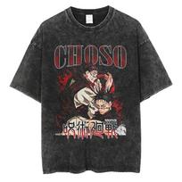Anime Jujutsu Kaisen Ryomen Sukuna Washed T-Shirt Vintage Cotton Men's Streetwear Oversized Women Short Sleeves S įvairiaspalvis