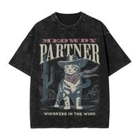 West Cats Meowdy Partner Whiskers in the Wind Washed T Shirt Cool Harajuku Men Women Western Cat Cowboy Hiphop T-Shirts Cotton S įvairiaspalvis