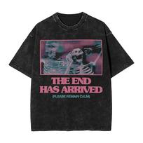 Oversized Acid-Wash Vintage Short-Sleeve T-Shirt Featuring Retro VHS Skeleton  The End Has Arrived  Dark Humor Graphic Print S įvairiaspalvis
