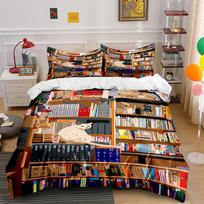 Bookshelves, books, cat illustrations. Bedding sets Duvet cover sets Duvet covers Pillowcases(1*Duvet Cover 2*Pillowcases without duvet insert) 135x200cm