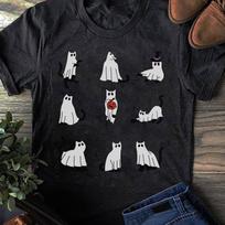 Ghost Cat Halloween T-Shirt: Funny Black Cat Costume Outfit L