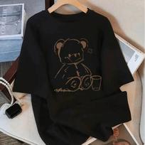 Cute Teddy Bear Print Crew Neck Tops Women's Fit Short Sleeve Cartoon Fashion Coffee Cup Kawaii Women Clothing XS juoda