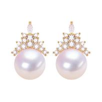 Best Selling Natural Freshwater AAAA Grade White Pearl Gold Plated Crown Shape Stud Earrings for Women Trendy Ice Snow Zircon 9-9.5mm auksas