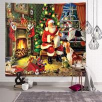 New Boss Christmas Santa Claus Fireplace Christmas Tree Tapestry Wall Hanging, Background Cloth Wall Decoration for Living Room, 100X70CM