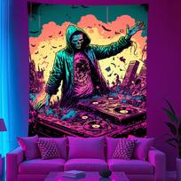 Alien DJ Skull and Zombie Tapestry UV Reaction Wall Hanging Living Room Bedroom Home Decoration 100X70CM