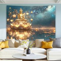 Elegant Buddha on for Lotus Throne Tapestry | Serene Night Sky & Golden Lights Design | Polyester Wall Hanging for Living Room 100X70CM