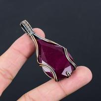 Lab-Created Ruby Gemstone Pure Copper Wire Wrapped Handmade Pendant Jewelry 2.56 Inches rožinė