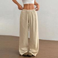 Women's Casual Solid Color Textured Fabric Knot Waist Slanted Wide Leg Pants L smėlis