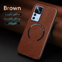 Skirta Xiaomi 12T 12T Pro, su smulkiais skylutėmis, PU, karvės rašto odinis, išorinis magnetinis žiedas, minkštas kraštas, apsaugantis nuo kritimo, telefono dėklas For Xiaomi 12T ruda