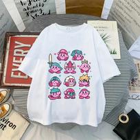 Kirby Shirt Summer O-neck Round T-shirt Short-Sleeve Tops Solid Color Adult Printed Anime White Tshirt Collar Couple Tees XS juoda