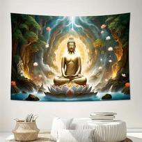 Golden Buddha Lotus Waterfall Forest Light Wall Tapestry Machine Washable All Season Decor Art Print Spiritual Zen Design Home 74x94cm(29x37in)