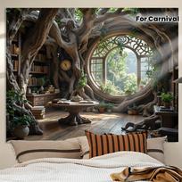 Medžio namelio fantazijų kambario gobelenas Užburtas miškas gamtos sienos dekoras Boho miško dekoras Magiška bibliotekos scena vaikų miegamajam 74x94cm(29x37in) gray