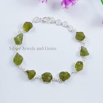 Raw Peridot Bracelet, Handmade 925 Sterling Silver, Women's Wedding Jewelry