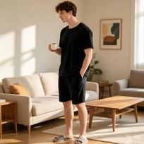 Men's Soft Faux Suede 2-Piece Set Solid Color Short Sleeve Tee & Shorts Casual Loungewear Athleisure Outfit for Summer S juoda
