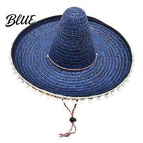 Halloween Costume Hat Mexican Sombrero with Colorful Poms Hawaiian Style Woven Straw Sun Hat Wide Brim Lightweight Casual Daily Party for karališkos mėlynos spalvos