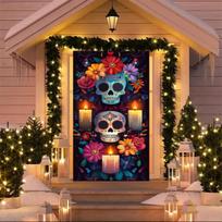 Mexican Day of the Dead Door Cover Backdrop Day of the Dead Scene Party Decor Mexican Flower Skull Skeleton Candle Partty Banner 90X120CM