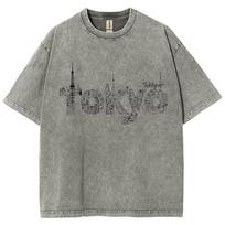 Tokijo monogramos rašto moteriški marškinėliai, skalauto džinsinio audinio, oversized, unisex, su trumpomis rankovėmis, paaugliams, studentams, gatvės stiliaus, cool marškinėliai S įvairiaspalvis