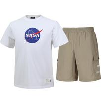 Nasa Unisex Cotton Blend Training T-Shirt + Woven Knee-Length Shorts Set [White + Beige] 100