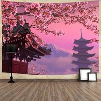 Japanese Cherry Blossom Tapestry, Mount Fuji Temple Sunset Wall Hanging for Bedroom Living Room Home Decor 100X70CM