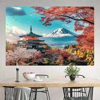 Japanese Pagoda Fuji Mountain Tapestry Cherry Blossom Ukiyo-e Zen Oriental Wall Hanging for Bedroom Living Room Wall Decor 100X70CM
