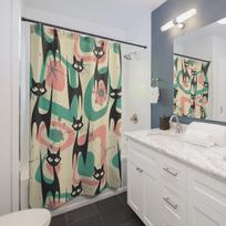 Atomic Cat Mid Century Modern Starburst Shower Curtain, 60s Retro Geometric Pink, Mint, Gray MCM Bath Decor W90xH180cm