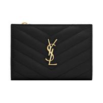 Saint Laurent Ysl Monogram Gold Logo Grainy Embossed Quilted Double Fold Zipper Leather Wallet Women wallet Black 668287-BOW01-1000 Box(Basic Set+Box)