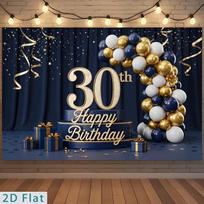 2D Happy 30th Birthday Backdrop Navy Blue Curtain Gold Balloon Party Decor 47.2x31.5inch/120*80cm